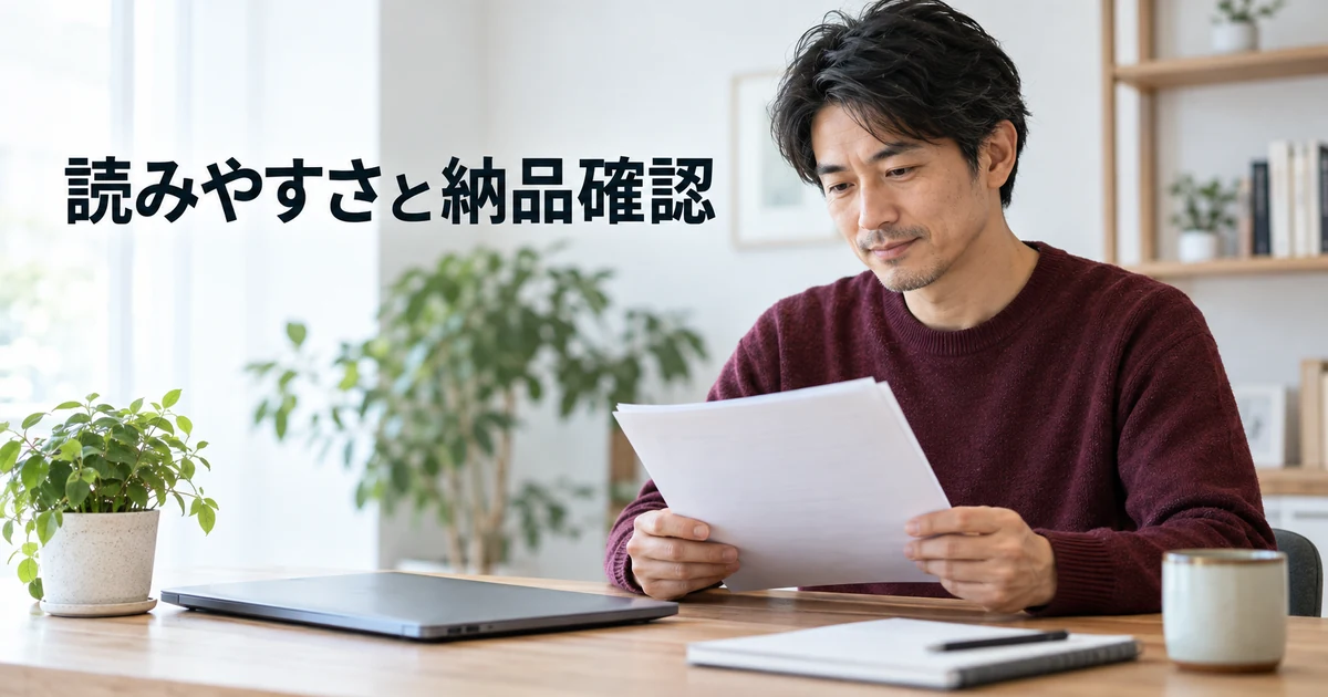 納品用の書類を確認する男性と「読みやすさと納品確認」の文字