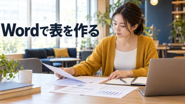 黄色いカーディガンの女性が資料を整理する様子と「Wordで表を作る」の文字