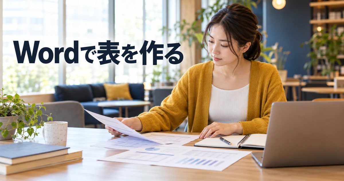 黄色いカーディガンの女性が資料を整理する様子と「Wordで表を作る」の文字