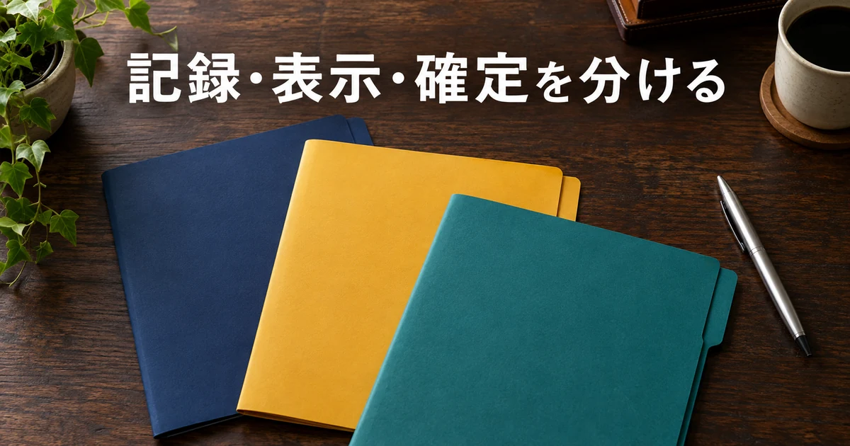 三色のフォルダーと「記録・表示・確定を分ける」の文字