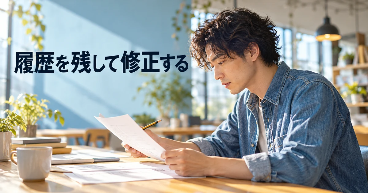 鉛筆と原稿を持って確認する男性と「履歴を残して修正する」の文字