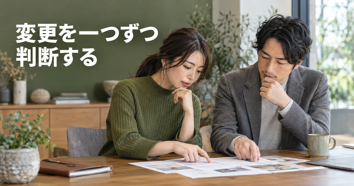 原稿の変更を相談する二人と「変更を一つずつ判断する」の文字