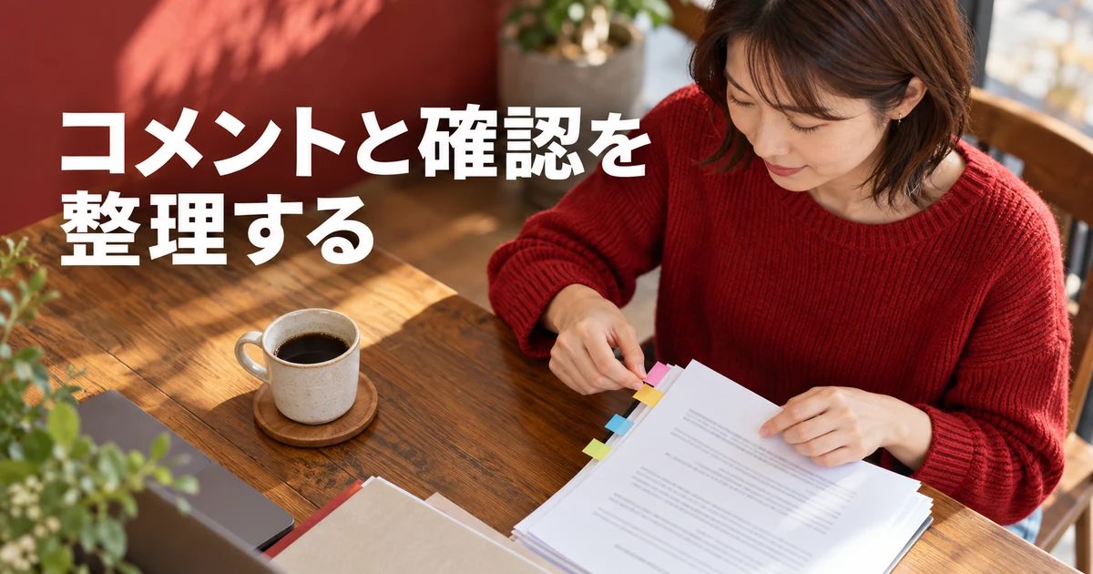 原稿に付箋を付ける女性と「コメントと確認を整理する」の文字