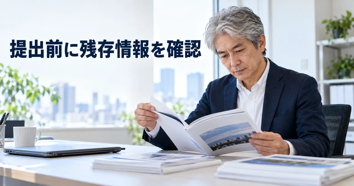 冊子を確認する男性と「提出前に残存情報を確認」の文字