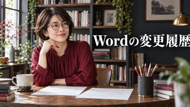 二つの原稿を前にした編集者の女性と「Wordの変更履歴」の文字