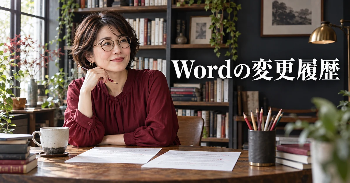 二つの原稿を前にした編集者の女性と「Wordの変更履歴」の文字