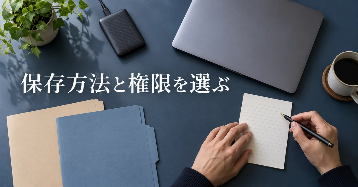 保存方法と権限を選ぶの見出しと、パソコンと資料の横でメモする手