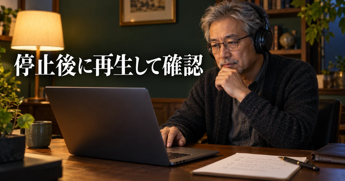停止後に再生して確認の見出しと、ヘッドホンで音声を確認する男性