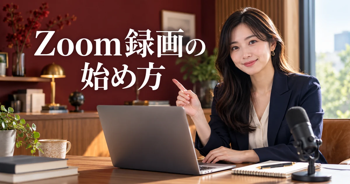 Zoom録画の始め方の見出しと、マイクとパソコンを準備する女性