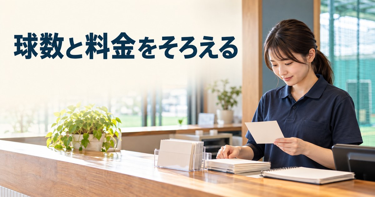 一ゲームの球数と料金の案内を整える受付のイメージ
