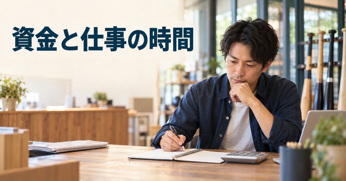 バッティングセンターの資金と作業時間を考える店主のイメージ