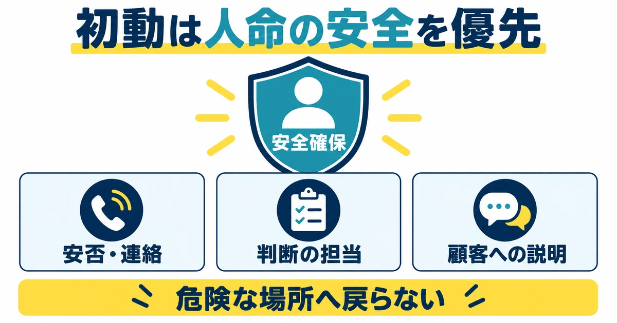 安全確保を中心に安否と連絡、判断の担当、顧客説明を並べた図