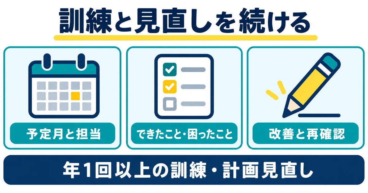 訓練の予定月と担当、確認結果、改善と再確認を並べる図