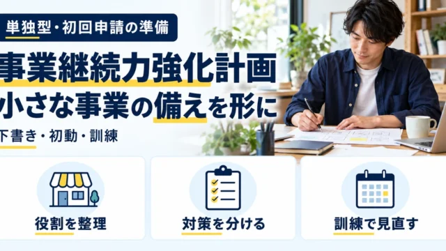 単独型初回の事業継続力強化計画を、役割の整理、対策の区分、訓練と見直しで準備する図