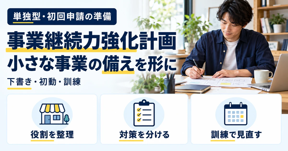 単独型初回の事業継続力強化計画を、役割の整理、対策の区分、訓練と見直しで準備する図