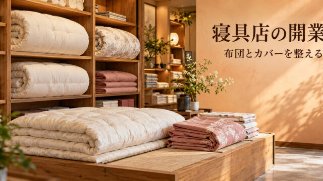 布団とカバーの質感が分かる架空の小さな寝具店を写した、寝具店の開業記事の表紙