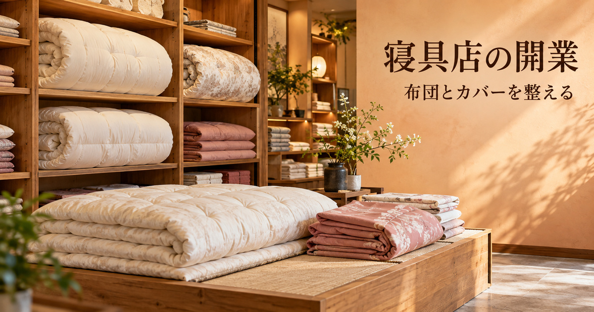 布団とカバーの質感が分かる架空の小さな寝具店を写した、寝具店の開業記事の表紙