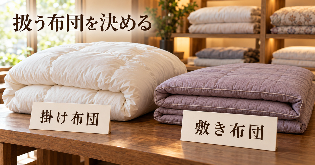 ふっくらした掛け布団と折り畳んだ敷き布団を別々に並べた、架空の寝具店の商品選定台