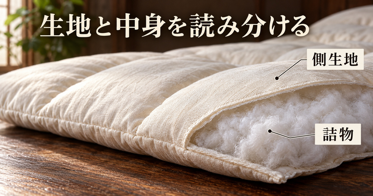 側生地と中の繊維を分けて示す架空の学習用構造見本で、布団の表示を読み分けるイメージ