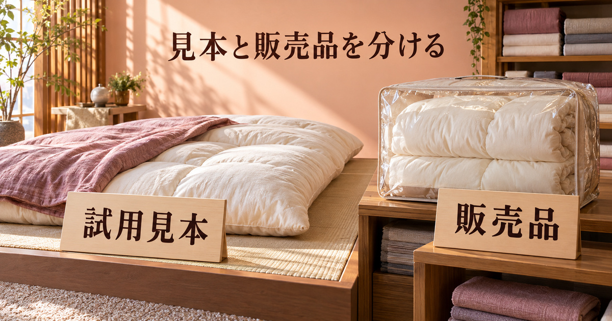 架空の寝具店で、広げた試用見本の布団と中身が見える包装の販売品を別に置いた在庫管理の場面