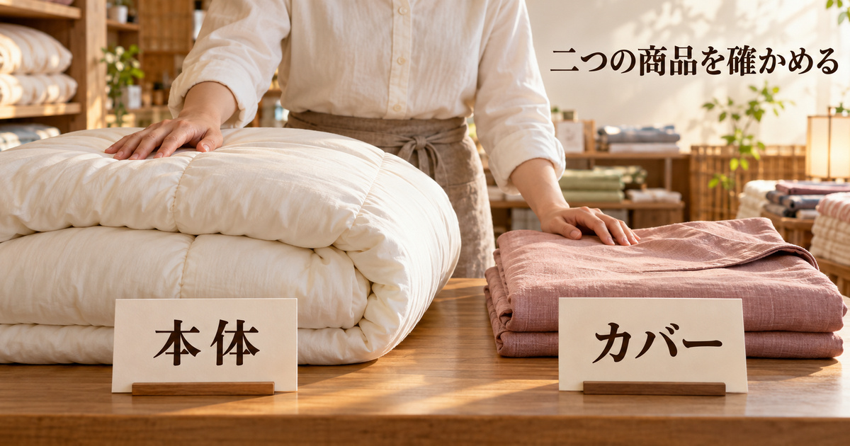 架空の寝具店の店員が、渡す布団本体と別のカバーをカウンターで確認する場面