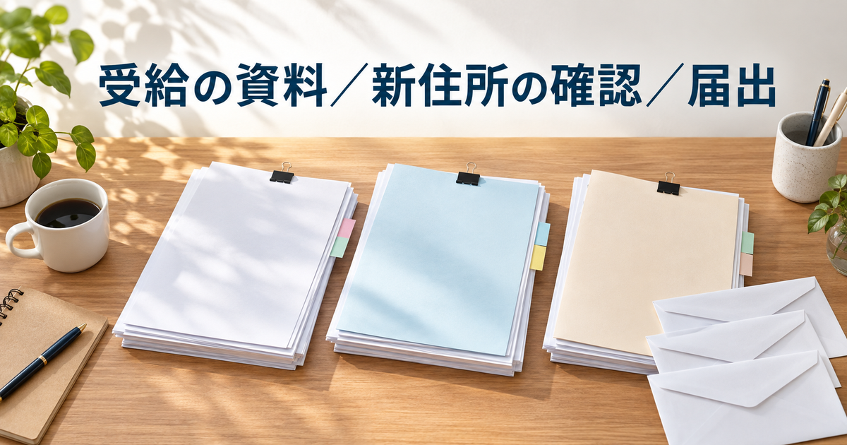 受給の資料、新住所の確認資料、届出を三つに整理するイメージ