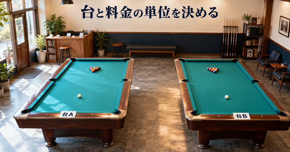 二台のビリヤード台を台Aと台Bで識別する架空の店内