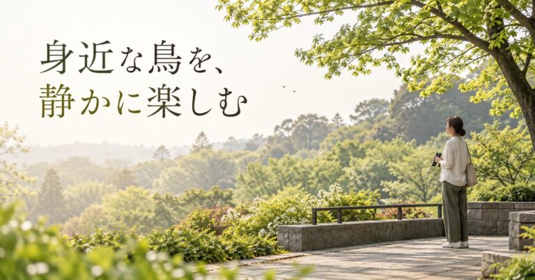 公園の安全な観察場所から、離れた木々を静かに眺める成人のイメージ