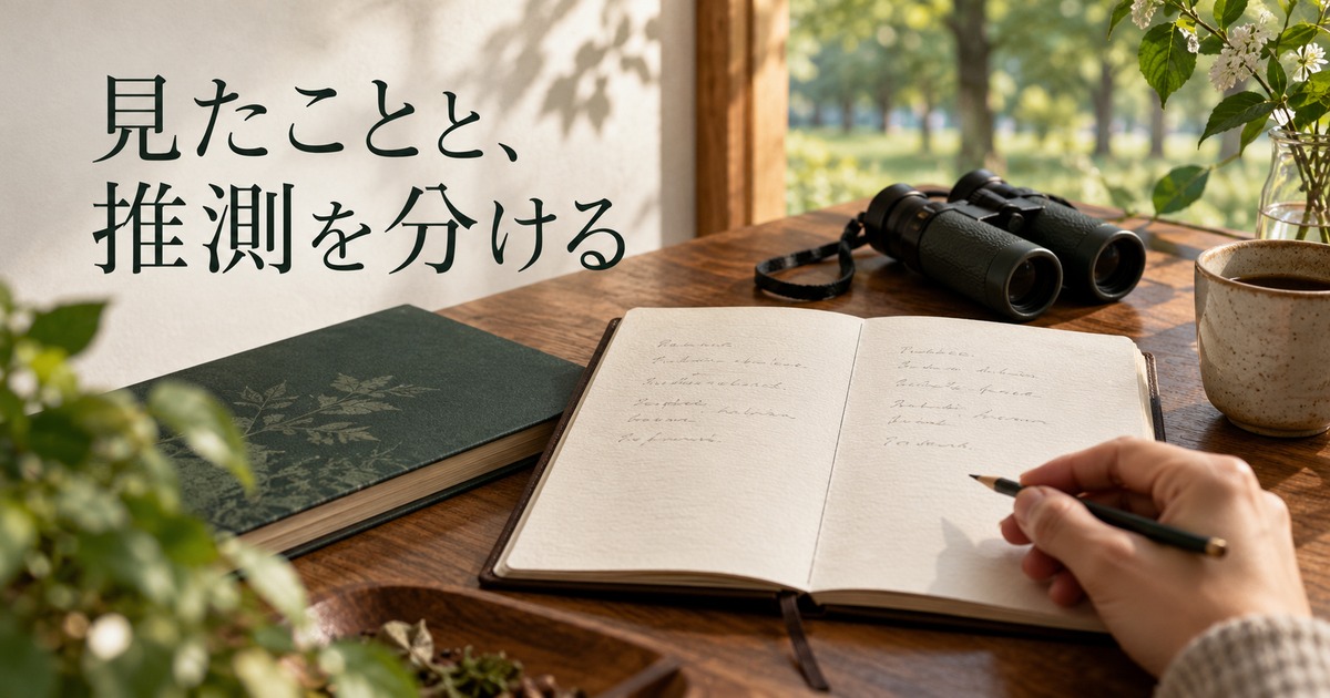 観察した事実と未確認の推測を分けて記録する二欄ノートのイメージ