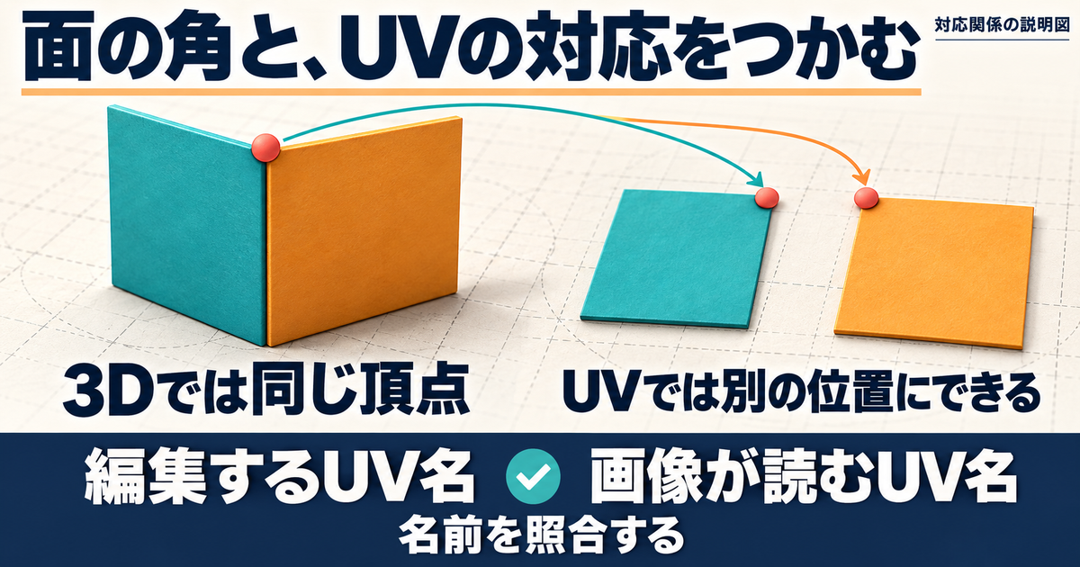 同じ3D頂点を共有する二つの面が、シームで分かれると別々のUV位置を持てることを赤い点と矢印で示した説明図。編集するUV名と画像が読むUV名を照合する。