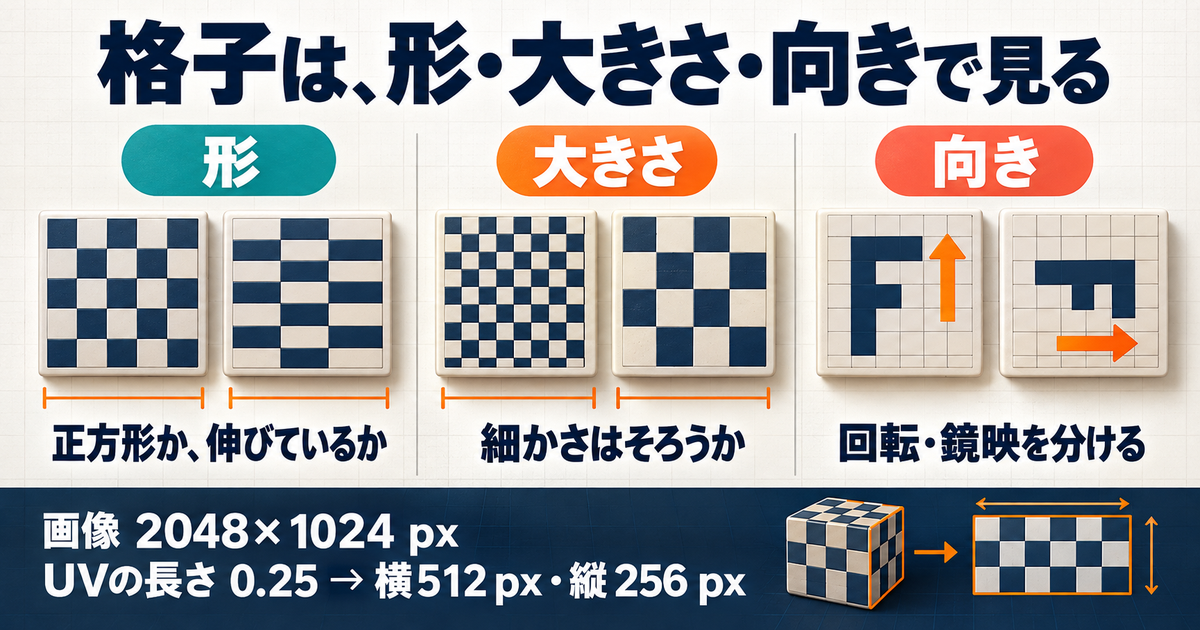 格子の形、細かさ、向きを別々に比較する説明図。正方形と横長格子、密度の大小、Fと矢印の90度回転を示す。2048×1024ピクセル画像ではUとVの長さ0.25が横512、縦256ピクセルとなる計算例。Correct Aspectの実測結果ではない。