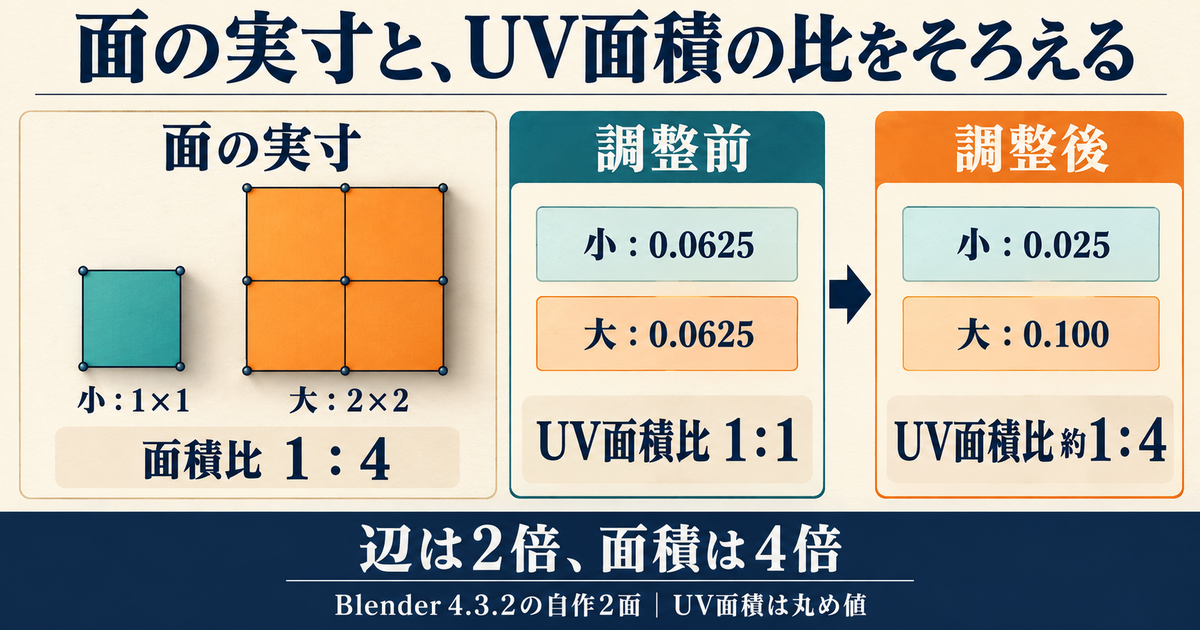 正方画像・歪みなしを前提に、1×1と2×2の面の実寸は辺比1対2、面積比1対4と整理する説明図。Blender4.3.2の自作2面でUV面積は調整前が小大とも約0.0625、Average Island Scale後は小約0.025、大約0.100で比率は約1対4。数値は丸め値で、実UIではない。