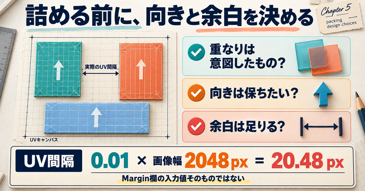 UVの島を配置する前に意図した重なり、保ちたい向き、余白を確認する説明図。測定した正規化UV間隔0.01を画像幅2048ピクセルで換算すると20.48ピクセルとなる算術例。Margin欄の入力値や必要最小余白の指定ではない。