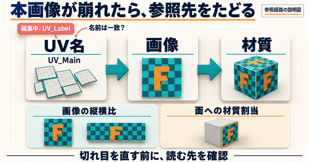 説明用のUV_Mainを画像、材質へとたどり、編集中のUV_Labelとの名前の違い、画像の縦横比、面への材質割当を確認する参照経路図。名前は説明用で、Blender実画面の観測ではない。