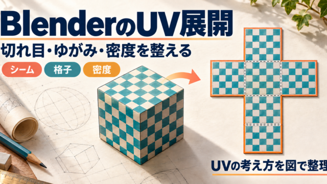 格子模様の立方体と6面がつながった展開図を並べ、BlenderのUV展開をシーム・格子・密度の三つから整理する説明用アイキャッチ。実際の操作画面ではない。
