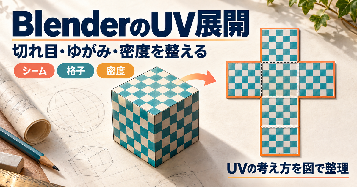 格子模様の立方体と6面がつながった展開図を並べ、BlenderのUV展開をシーム・格子・密度の三つから整理する説明用アイキャッチ。実際の操作画面ではない。