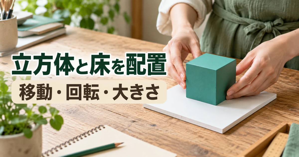 立方体と床を配置(移動・回転・大きさ)の説明用生成画像
