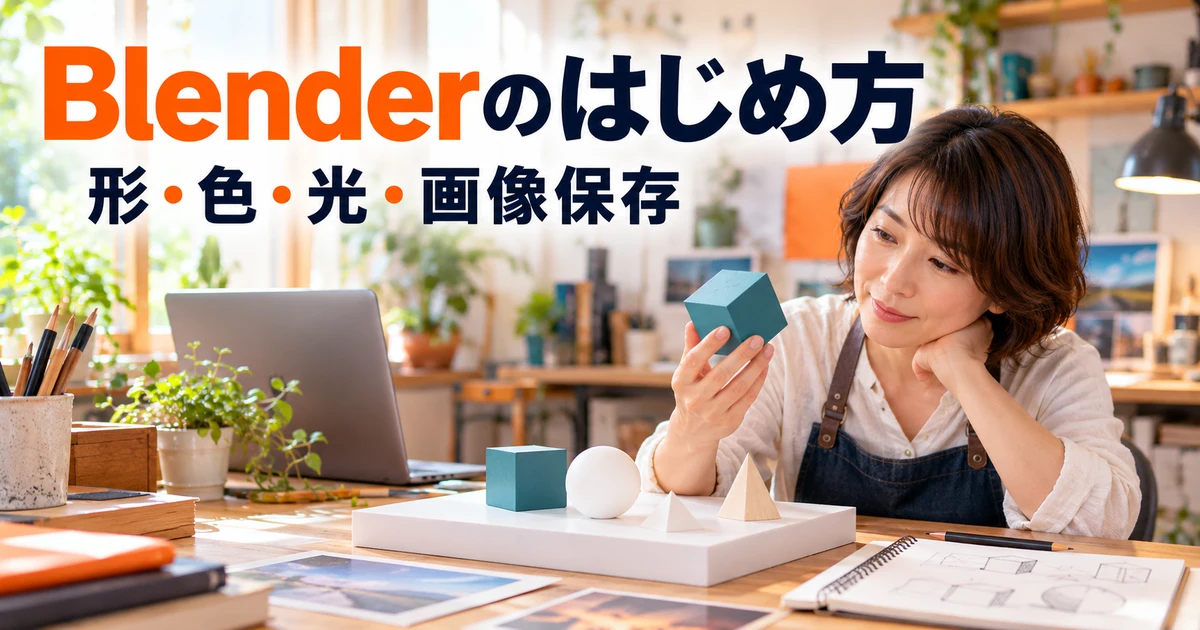 Blenderのはじめ方（形・色・光・画像保存）の説明用生成画像