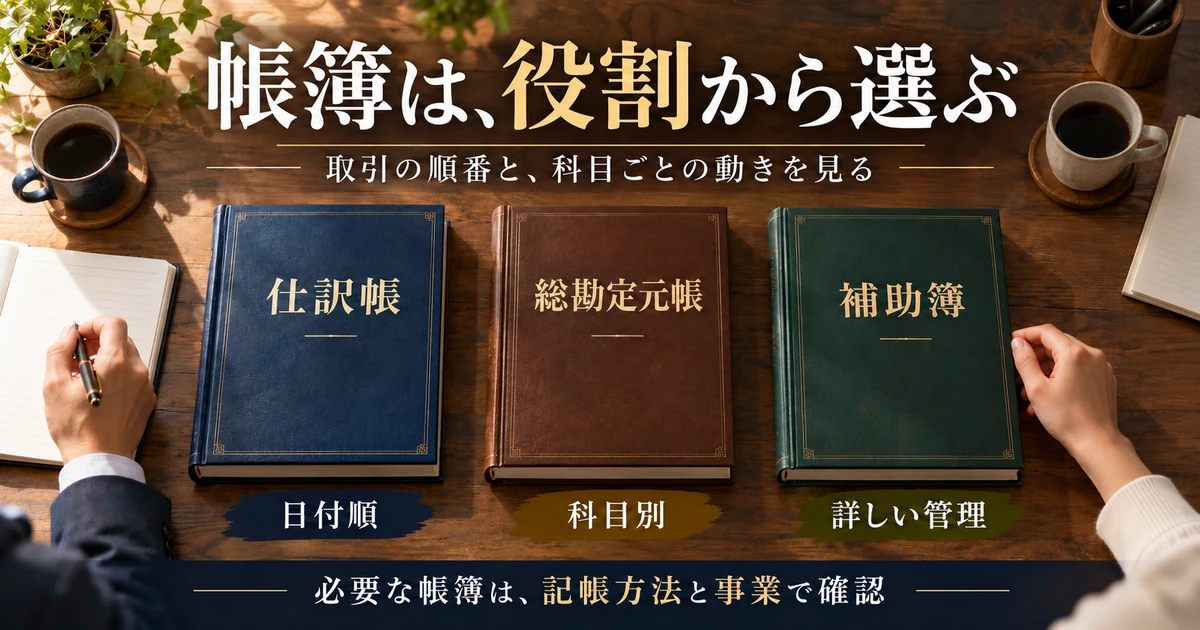 帳簿は、役割から選ぶ：取引の順番と、科目ごとの動きを見るを示す説明用生成画像