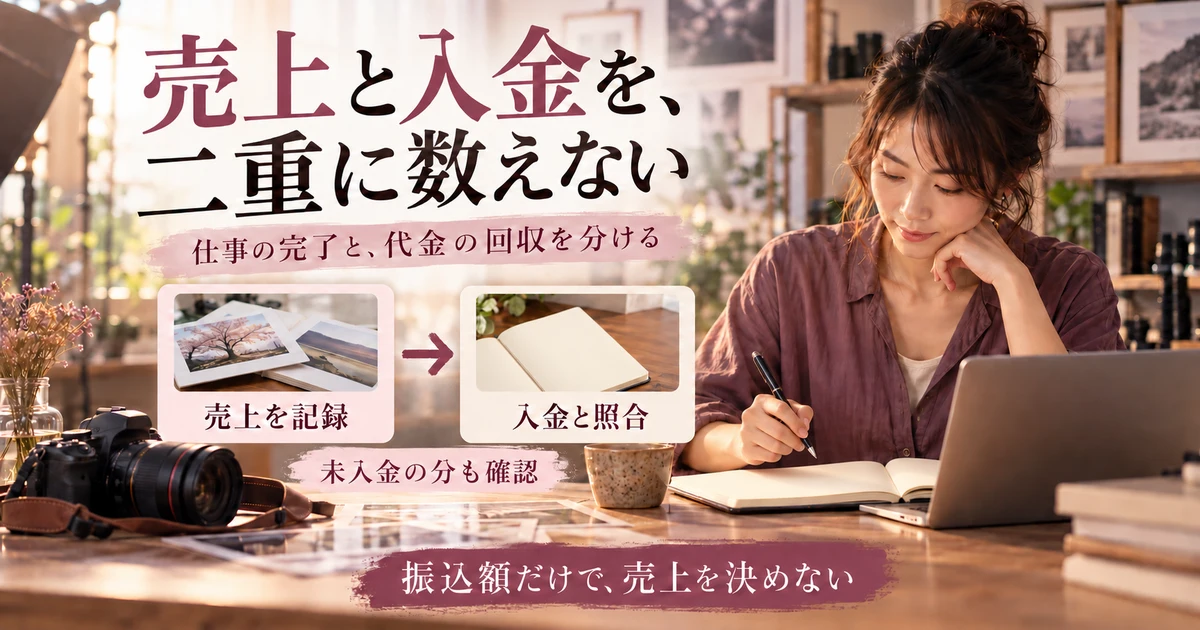 売上と入金を、二重に数えない：仕事の完了と、代金の回収を分けるを示す説明用生成画像