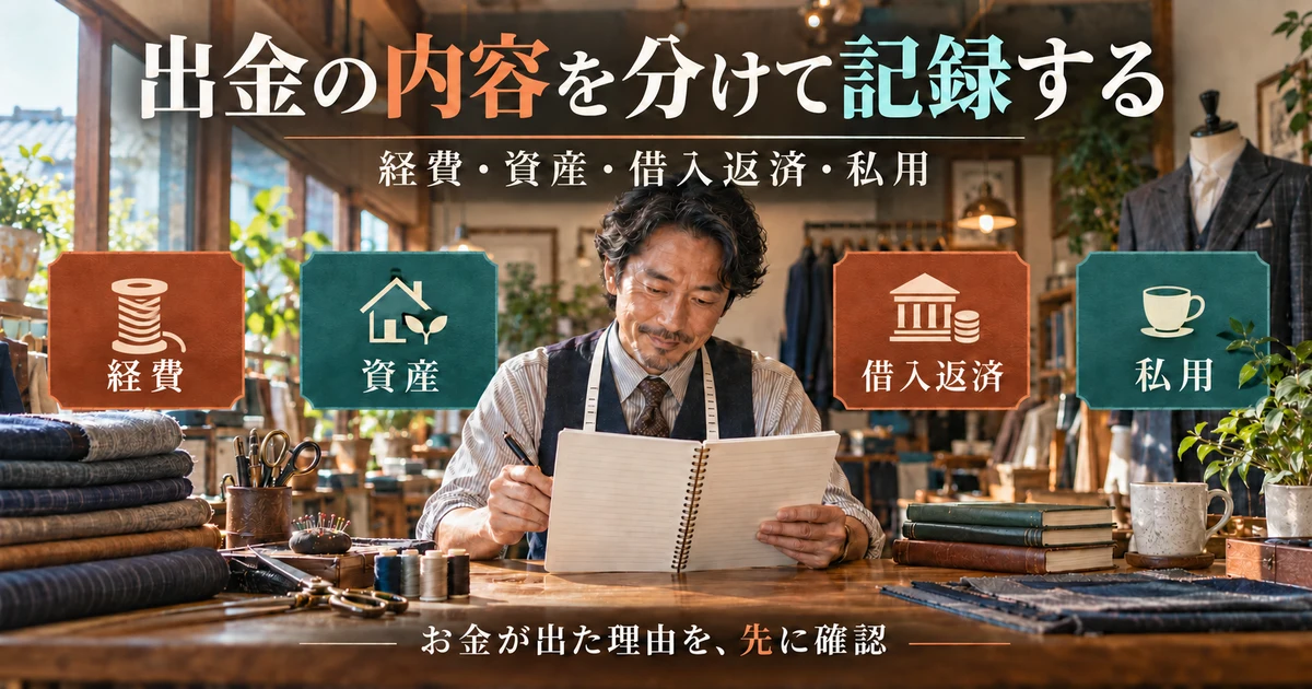 出金の内容を分けて記録する：経費・資産・借入返済・私用を示す説明用生成画像