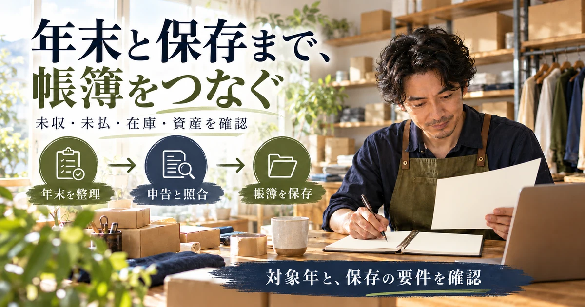 年末と保存まで、帳簿をつなぐ：未収・未払・在庫・資産を確認を示す説明用生成画像