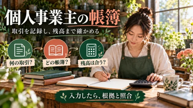 個人事業主の帳簿：取引を記録し、残高まで確かめるを示す説明用生成画像