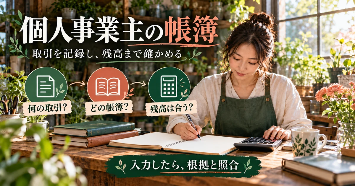 個人事業主の帳簿：取引を記録し、残高まで確かめるを示す説明用生成画像