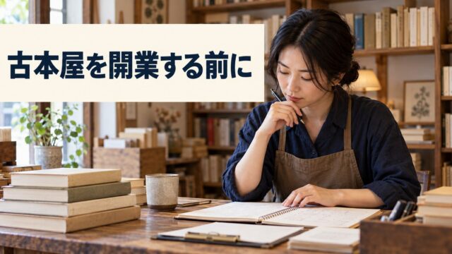 無地の古本と在庫ノートを前に開業準備を考える架空の写真調イメージ