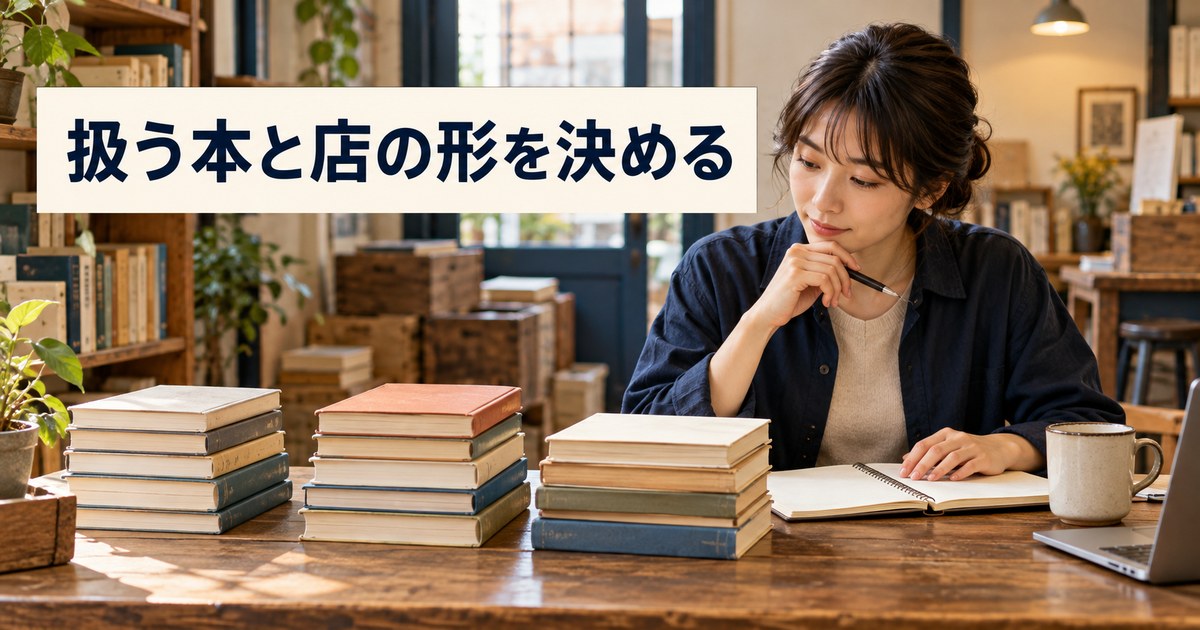 扱う分野と販売方法をノートで整理する古本屋開業準備の写真調イメージ