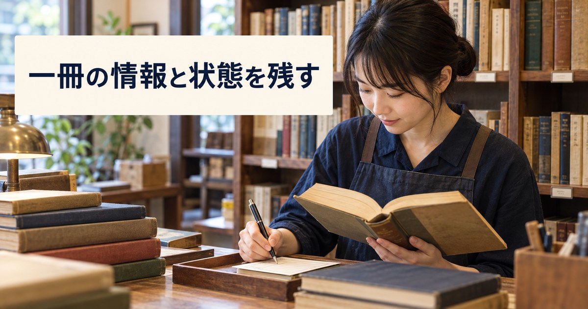 本の表紙やページの状態を確認し一冊ごとの記録を作る写真調イメージ