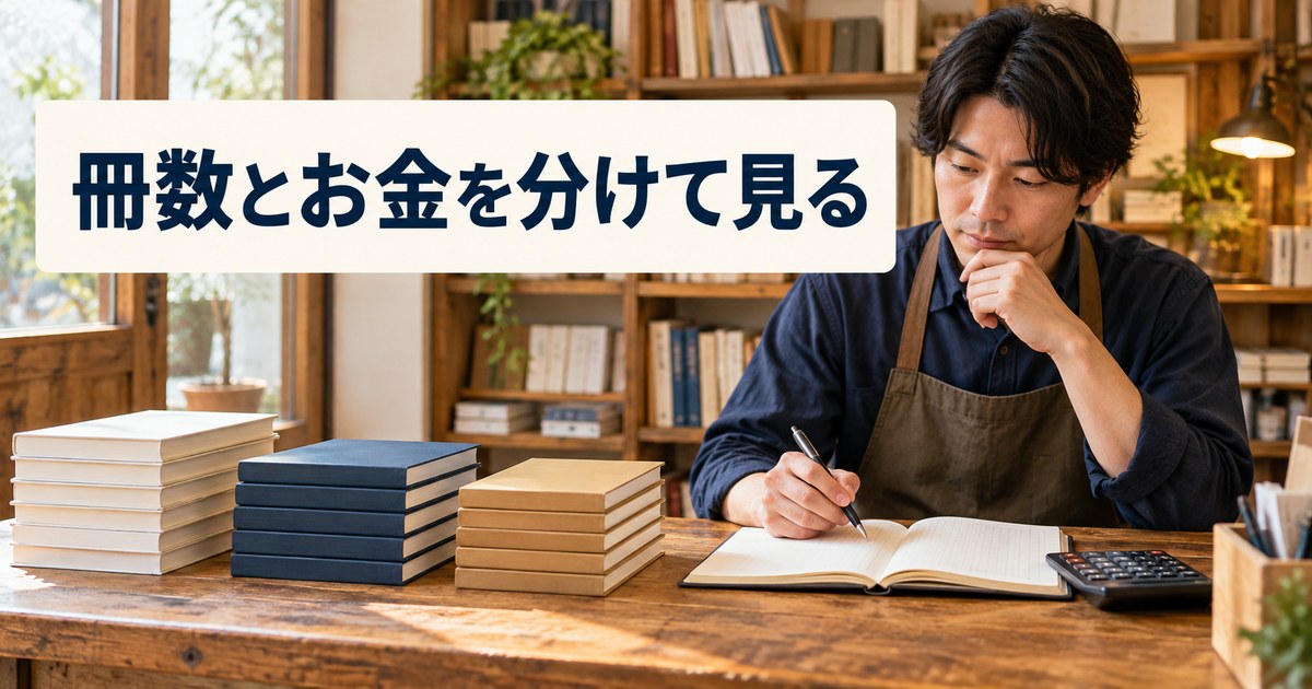 売れた本と残る本の冊数を入出金の記録と見比べる写真調イメージ