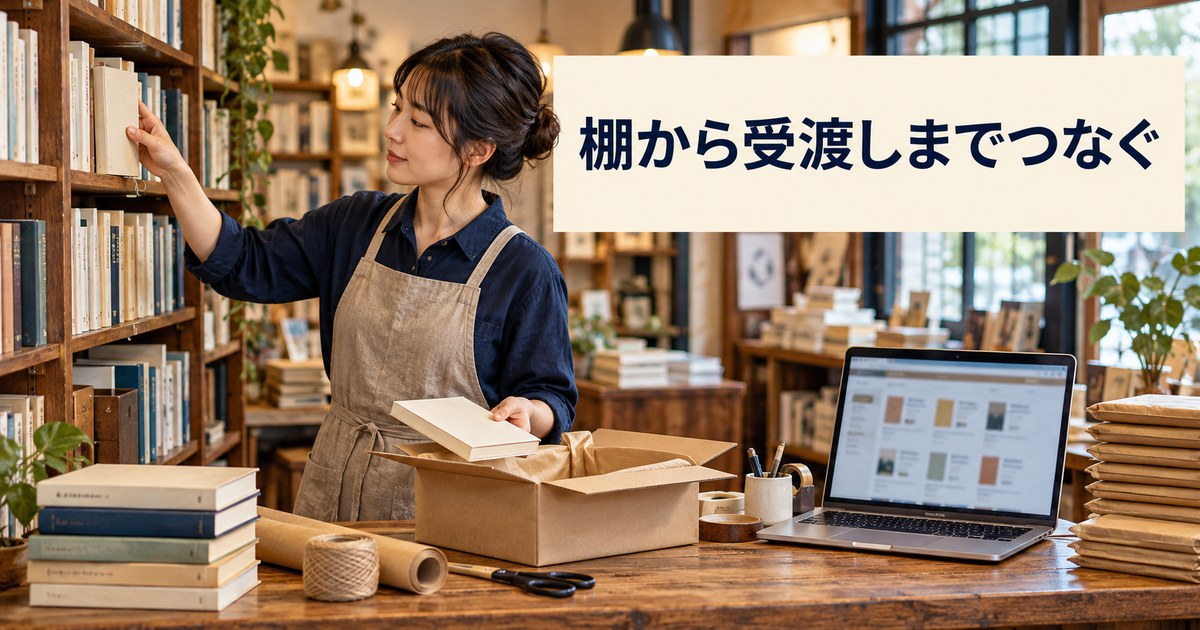 保管棚から本を取り出し梱包と受渡しを準備する写真調イメージ