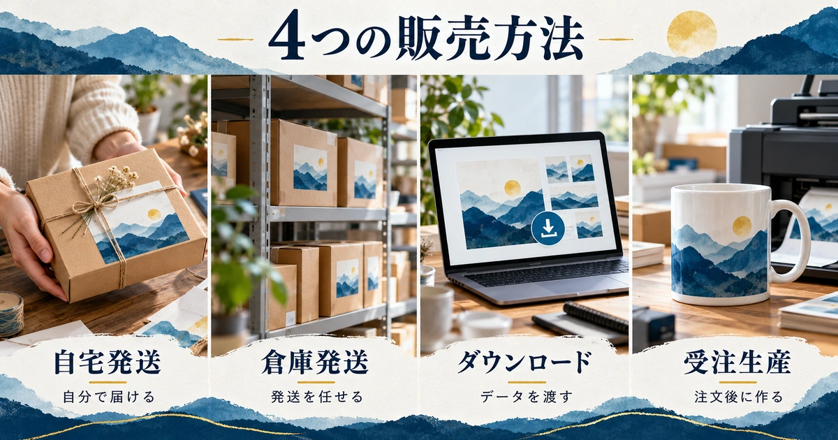 自宅発送、倉庫発送、ダウンロード、受注生産を担当作業で比較する四つの販売方法